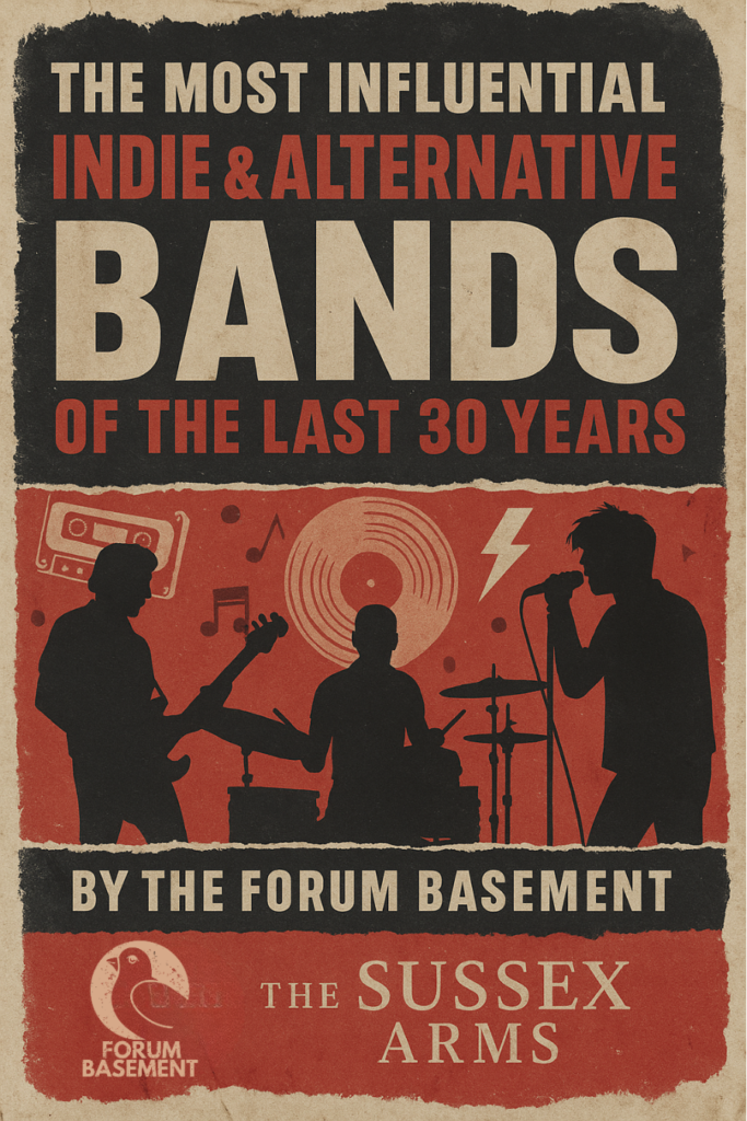 Graphic poster with the title of the article - The most influential indie and alternative bands of the last 30 years
