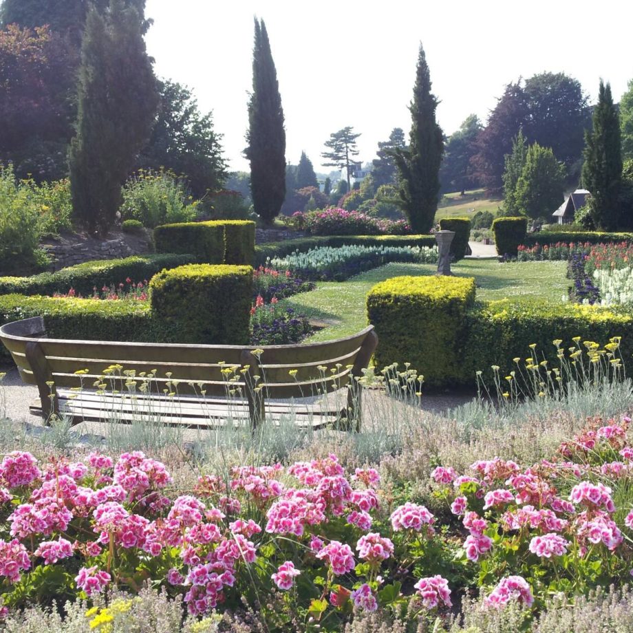 calverley grounds in tunbridge wells, with cypress trees and flower beds