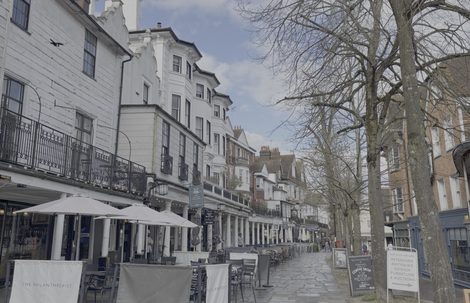 The Pantiles in Tunbridge Wells, colonnade with small cafes and shops
